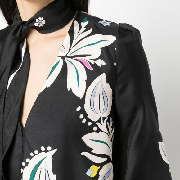 DOROTHEE SCHUMACHER - Silk Tie Neck Blouse Flower Whirl Print Black US Size 8 - Picture 4 of 13